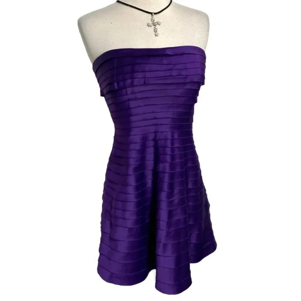 Adrianna Papell Boutique Cocktail Dress 8 Purple Strapless Tiered Pleated Mini